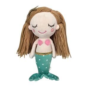 EARTH NYMPH MERMAID PLUSH STUFFED DOLL – 13" – PINK & GREEN – YARN HAIR – CLEAN